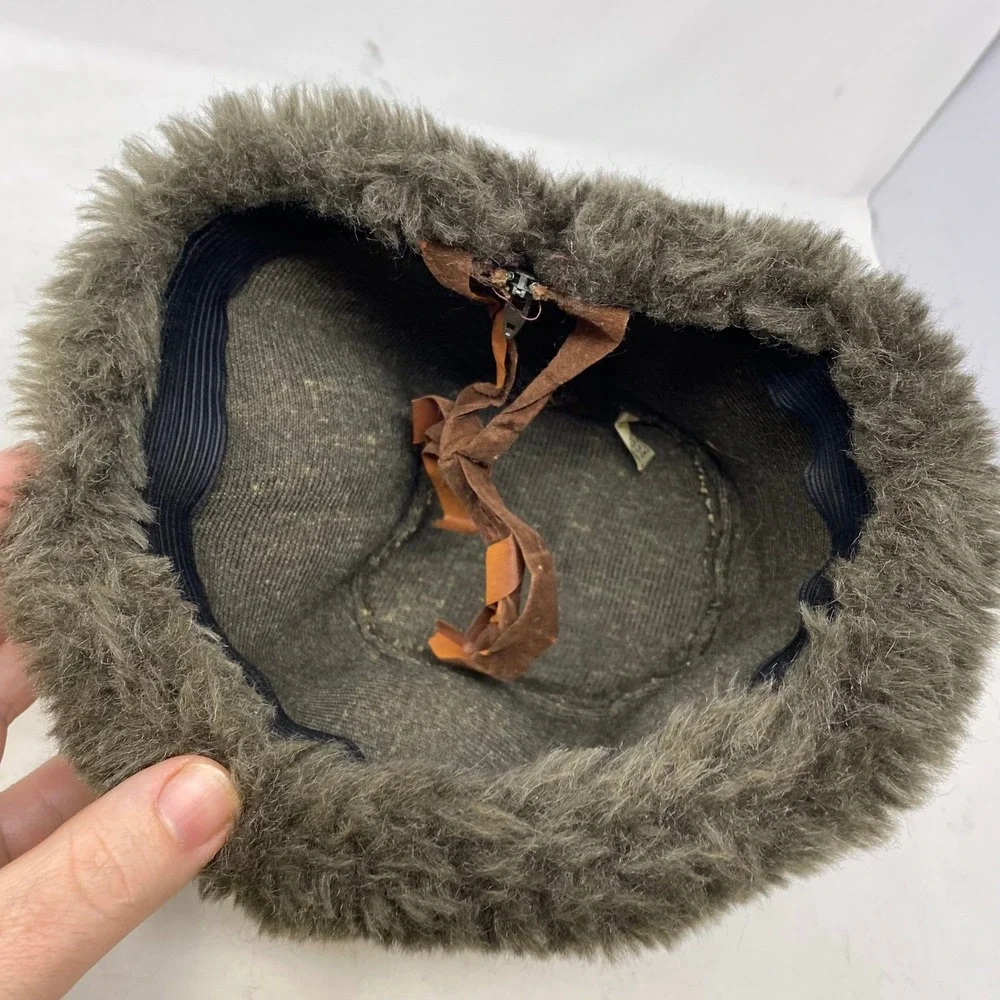 Vintage Union Made Faux Fur Pillbox Hat Olive Green Russian Cossack Style Winter